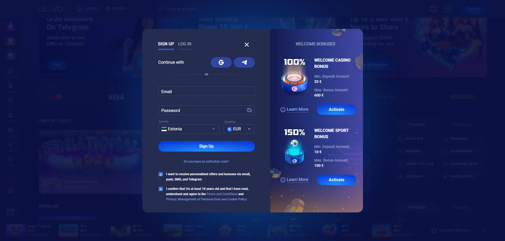 Legzo Casino konto registreerimine Eesti mängijale — samm-sammult