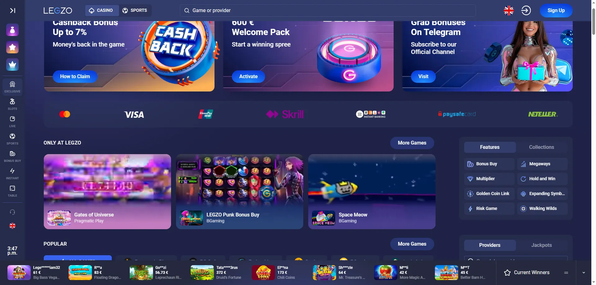 Legzo Casino sissemaksed ja väljamaksed Eesti mängijatele 2026