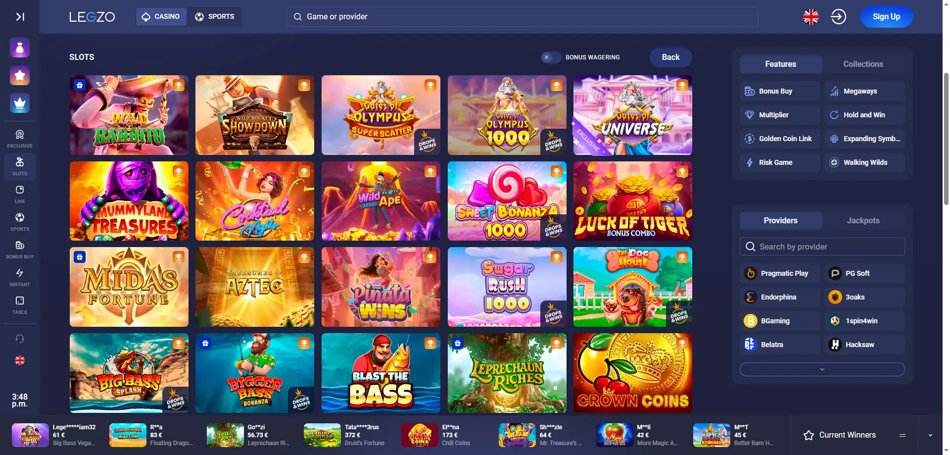 Legzo Casino mänguvalik — slotid, live-kasiino ja lauamängud